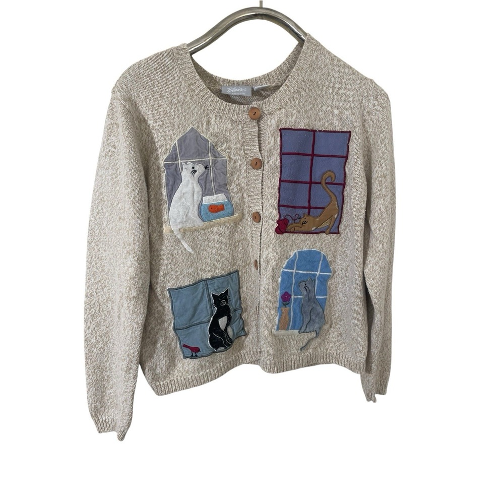 Vintage Embroidered Cat Appliqué Knit Cardigan Sweater Medium Beige Whimsical